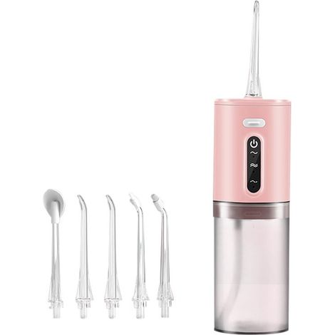 Hydropulseur dentaire sans fil – Réservoir 280 ml – 3 modes et 5 embouts – Rechargeable – Portable pour hygiène bucco-dentaire et gencives – 19 x 6,5 cm – Rose (1/5)