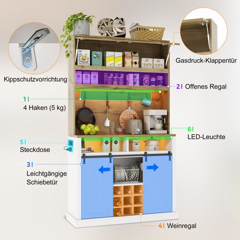 Meuble de cuisine 191 cm, colonne haute avec LED, prise intégrée, porte battante, crochets, casier à bouteilles et vaisselier pour salle à manger et cuisine. (1/5)