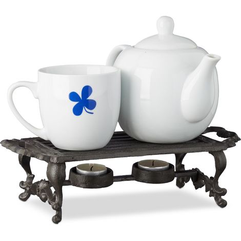 Relaxdays Réchauffe plat, chauffe-plat réchaud fonte bougie théière café antiquités HxlxP: 8,5 x 30 x 13,5 cm, marron (1/5)