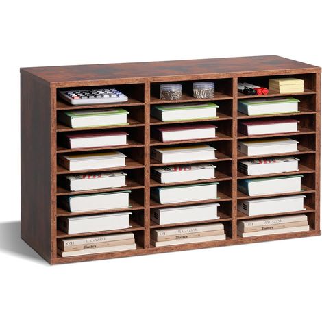 Organiseur de littérature 24 compartiments, boîte aux lettres de bureau en bois, panneau de particules, avec étagères amovibles, trieur de fichiers pour dossiers, document, papiers, marron foncé (1/5)
