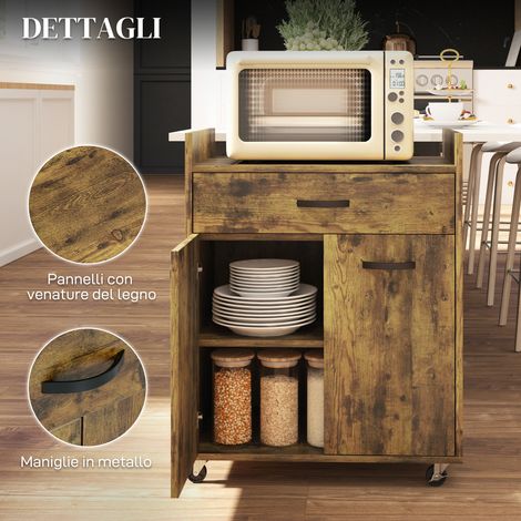 Chariot de cuisine en bois rustique brun 60x40x77 cm avec tiroir, armoire et 4 roues pivotantes (1/5)