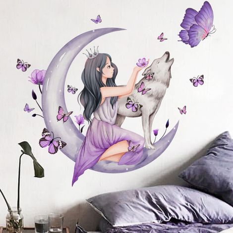 Stickers muraux Flickrum, Lune, Loup, Fleur, Fée, 7075 cm, Décoration murale Flickrum, Stickers muraux papillons pour chambre (1/5)
