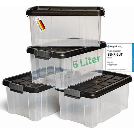 Novaliv 4x boîtes de rangement avec couvercle 5L anthracite Boîtes de rangement empilables emboîtables avec fermeture à clip Plastique sans BPA 30 x