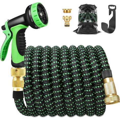 Tuyau Arrosage Extensible 15m, Tuyau d'Arrosage avec Support et Pistolet Arrosage 10 Fonctions Tuyau Arrosage Retractable Raccords, Irrigation et Nettoyage du Jardin (50ft, Noir Vert) (1/5)