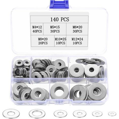 Rondelles Inox, 140 Pcs Rondelles Metal, Rondelle de Blocage, Rondelle Plates en Acier Inoxydable pour Vis Boulons et d'écrous, M4 M5 M6 M8 M10 M12 (1/5)