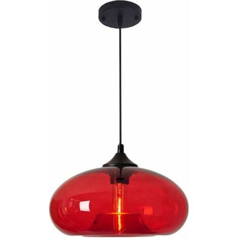 Suspension Industrielle Vintage Ronde en Verre Coloré, Lampe Suspendue au Plafond Retro Loft Bar E27, Lustre Pour Cuisine Salle À Manger Chambre (Rouge) [Classe énergétique A+] - RWSuspension