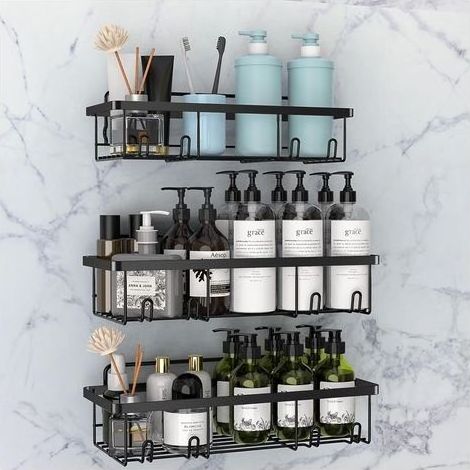 Juego de 3 estantes de ducha sin perforación, estante de baño para almacenamiento, accesorio de baño en acero inoxidable 304, almacenamiento de ducha negro (1/5)
