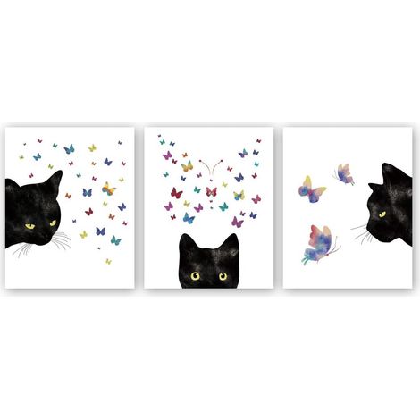 Print Art Animal - Chat Noir Papillon Coloré - Affiche Aquarelle Sur Toile - Décoration Murale Moderne - 8 x 10 Pouces - Lot De 3 (1/5)