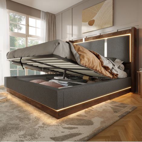 Cama matrimonio con almacenaje LED lino gris 140x200 OKMYHOME (1/5)