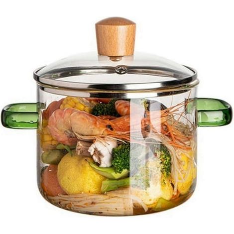 olla de vidrio de borosilicato, asas de silicona verde, tapa de madera, para cocinar sopa y leche para bebés. (1/5)