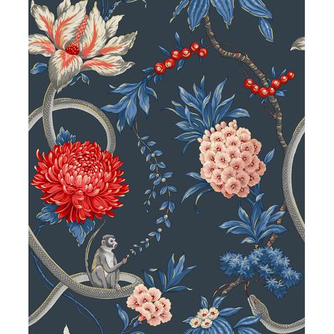 Blue Forbidden Fruit Wallpaper Belgravia Modern Floral Jungle Animal Pink Red (1/3)