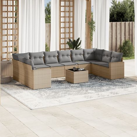 11-tlg. Garten-Sofagarnitur mit Kissen Beige Poly Rattan (1/3)