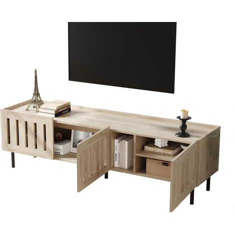 Mobile TV 160x40x47 cm con Gambe Metallo, Superficie Antiscivolo, Ripiani Aperti e Chiusi, MDF, Naturale, per Soggiorno (1/5)