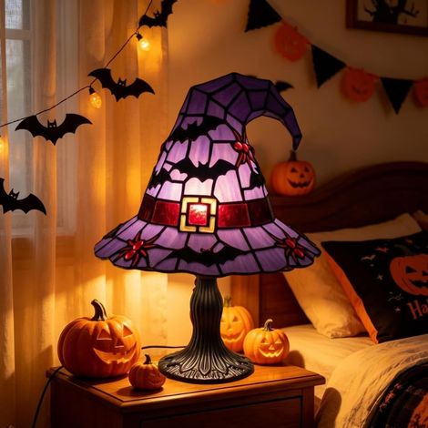Lampe Halloween Chapeau de Sorcière en Vitrail, Veilleuse LED Vintage USB, Lampe de Table Décorative pour Maison et Bureau