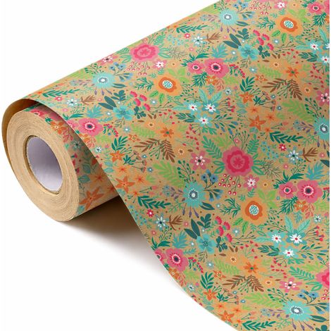 Rollo de papel kraft de 0,43 metros de ancho y 5 metros de largo, ideal para envolver regalos. Estampado floral pequeño. 1 rollo. (1/5)
