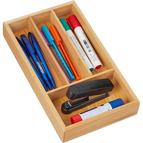 Schubladenorganizer aus Bambus, 4 Fächer, H x B x T: 4 x 16 x 28 cm, Sortierbox für Zuhause, Natur