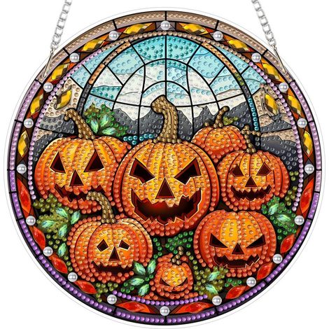 Pendentif Diamond Painting Citrouille Halloween 5D avec chaîne pour fenêtre et mur