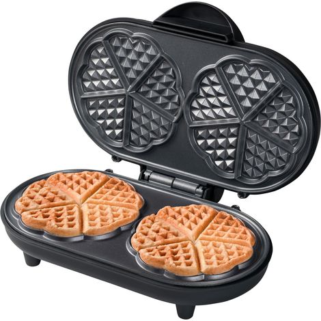 Bestron Waffle Maker, piastra per waffle doppio a forma di cuore, macchina per waffle con antiaderente & indicatoro luminso, collezione Sweet Dreams, 1200 watt, colore: Nero Opaco (1/4)