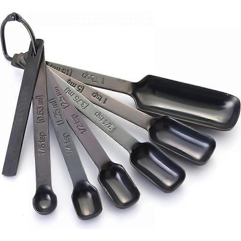 Set aus 7 schwarzen Messlöffeln mit Abstreifer, erstklassige Qualität, rostfrei, robust, schwarz beschichtet, Edelstahl, schmaler, langer Griff. (1/5)