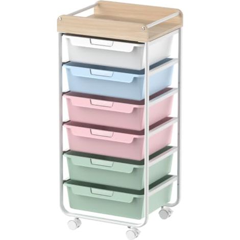 Chariot de salle de bain à 6 tiroirs avec roulettes - En plastique - Multifonction - Chariot à outils et de rangement avec plan de travail en bois - Convient pour salle de bain, cuisine