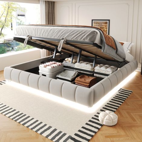 Letto imbottito 180 x 200 cm, senza testiera, con striscia LED (monocolore), base sospesa idraulicamente con vano contenitore, letto singolo, letto per bambini, beige