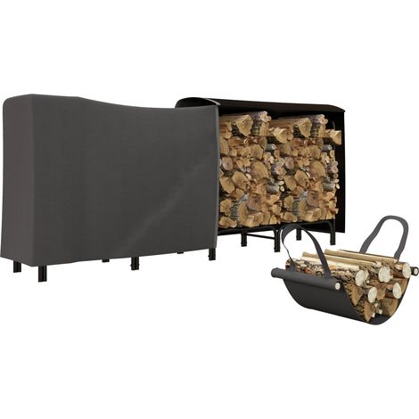 Portalegna per Camino da Interno ed Esterno con Telo Porta Legna e Copertura 240x36x99 cm in Metallo Nero (1/5)