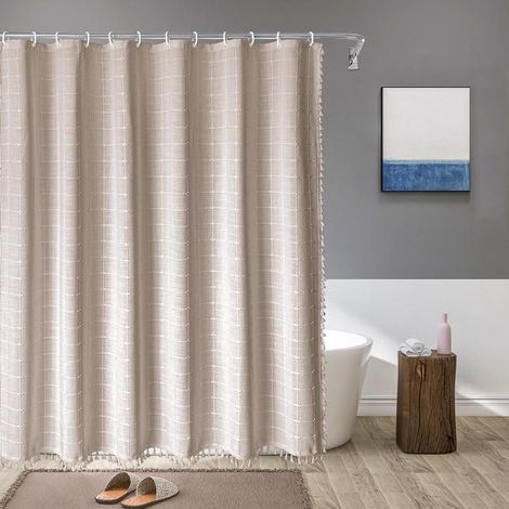 Rideau de douche à pompons en lin et polyester 180 x 180 cm (kaki), imperméable, avec crochets, de haute qualité, anti-moisissure, facile à nettoyer, joliment imprimé. (1/5)