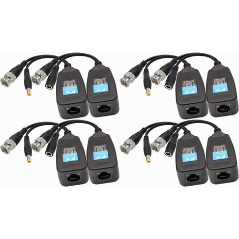 Balun Vidéo BNC à RJ45 Émetteur Récepteur HD-CVI/TVI/AHD/CVBS avec Connecteur D'alimentation pour 1080P 3MP 4MP 5MP 8MP CCTV Système Caméra de Surveillance DVR de Sécurité(4 Paires-19CM) (1/5)
