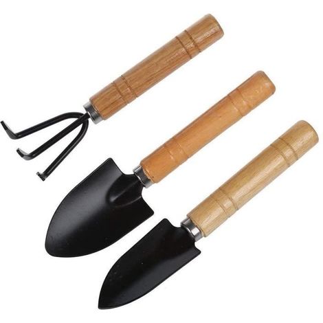 Gartenwerkzeuge - 3 Mini-Werkzeuge mit Holzgriff: Rechen, Schaufel und Spaten - Schwarz
