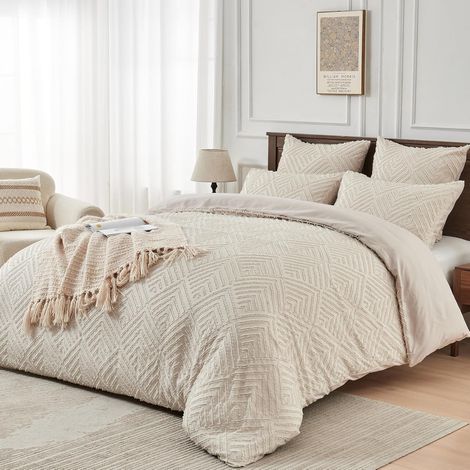 Housse de Couette 240x260 Bohème Beige Géométrique Tuftée Parure de Lit Style Moderne Doux Linge de Lit 2 Personne Adulte avec Fermeture Éclair avec Taies d'oreiller 65x65 cm (1/5)