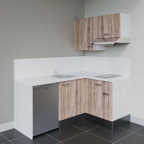 Kitchenette KA02 Bois - Plan de travail Blanc - Crédence : Oui - Electroménager : Inox (1/4)