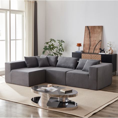 Divano angolare modulare in velluto a coste grigio, 4 pezzi, 335 x 167 x 71 cm (1/5)