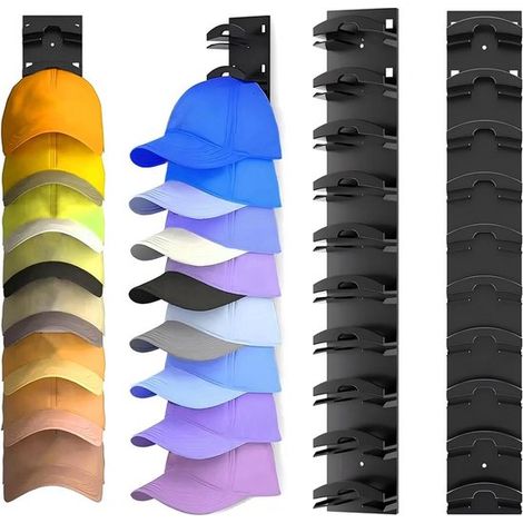 Ensemble de 2 porte-chapeaux, porte-casquettes mural, pouvant contenir jusqu'à 20 chapeaux, support à casquettes multi-niveaux avec 2 options de montage : fixation adhésive ou par vis (noir) (1/5)