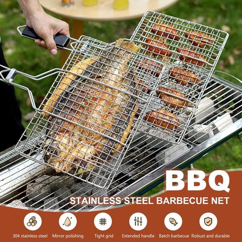 Grillfischkorb, Grillkorb aus Edelstahl, faltbar, tragbar, Grillzubehör aus Edelstahl, inklusive Oxford-Stoffbeutel und 2 Silikonbürsten.