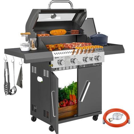Outsunny Gasgrill 12 KW Grillwagen inkl 5 Brenner Seitenkocher Rolle Druckminderer Deckel Gasschlauch 2 Heizzonen Thermometer Seitenablagen, BBQ Gartengrill für Balkon, Grill 135 x 54 x 110 cm (1/5)