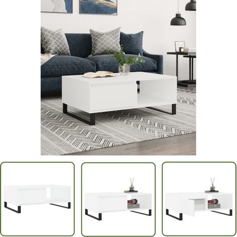 The Living Store Table basse blanc 90x60x35 cm bois d'ingénierie - Table Basse Blanche - Meuble Salle Séjour - Table D'appoint - Rangement Intérieur - Design Moderne (1/5)