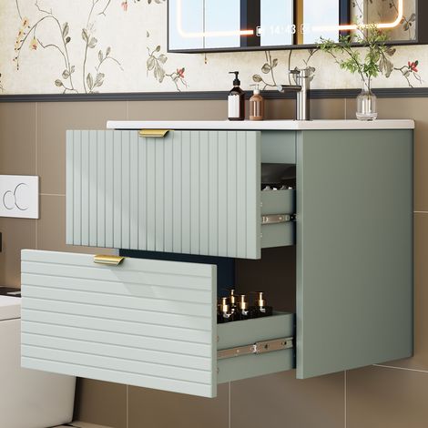 Mueble de baño suspendido con lavabo cerámico, 2 cajones, verde menta DESVIAE (1/5)