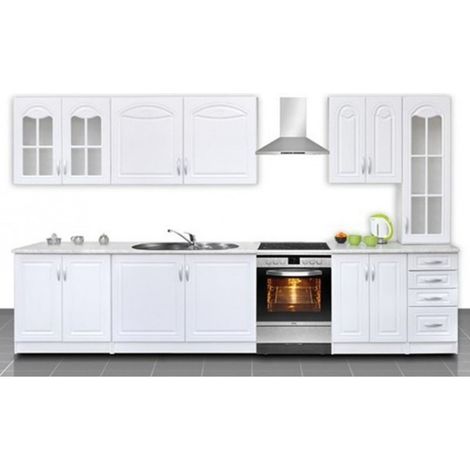 Tendencio – Cuisine complète 3m Dina blanche – Revêtement avec moulures tendance – Emplacement pour gazinière – Compatible four encastrable