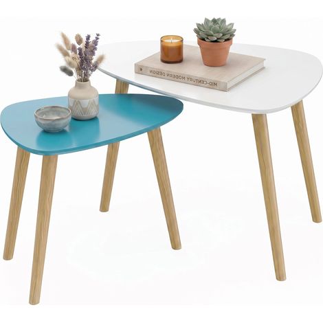Lot de 2 tables basses gigognes design scandinave pieds en bois et plateau en bois, blanc et bleu (1/5)