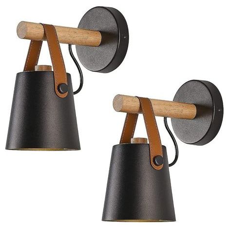 Juego de 2 apliques de pared modernos E27 de estilo hierro forjado con banda de madera, luminaria industrial (bombilla no incluida), color negro. (1/4)