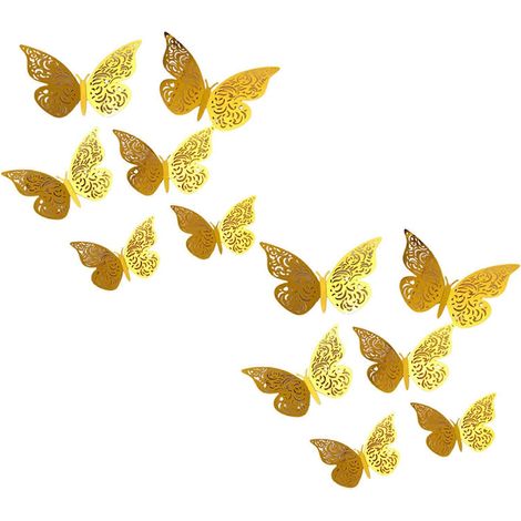 Lot de 12 papillons 3D à coller soi-même – 3 tailles, ajourés – Amovibles – pour chambre, bureau ou salon - Doré (1/5)