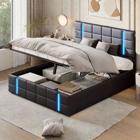 Betten 160x200 cm mit LED, Bett mit Stauraum 160x200 cm mit Lattenrost, Stauraum, Doppelbett, Erwachsenenbett mit USB, schwarzer PU