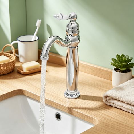 【Chauffage et ventilation】Robinet Salle de Bain Pivotant à 360°, Mitigeur Haut cuivre Mitigeur Eau Chaude/Froide, Hauteur de Bec de 190 MM, Idéal pour Salle de Bain et Lavabo, poignée céramique blanch (1/5)
