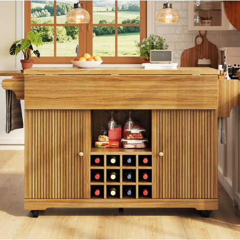 Desserte de cuisine mobile 142,5x80x95 cm avec rallonges rabattables, rangements et porte-bouteilles MDF - brun (1/5)