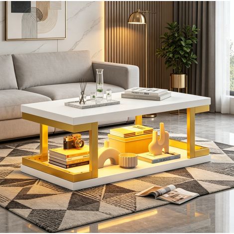 Mesa de centro LED de 100x50x37,5 cm con almacenamiento, Bluetooth y control USB, MDF blanco mate y metal dorado. (1/5)