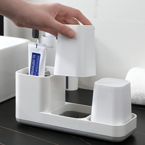 ZOLGINAH Porte Brosse à Dent, Verre à Dent de Qualité en Plastique avec Gobelets,Organisateur de Salle de Bain Multifonctionnel pour Lavabo ou Armoire Salle de Bain(Blanc) (1/5)