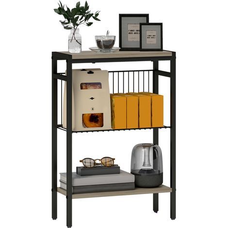 Mesa auxiliar estrecha de 3 niveles con estantes abiertos y estructura de acero para salón/dormitorio, 43 x 18 x 62,5 cm, roble (1/5)