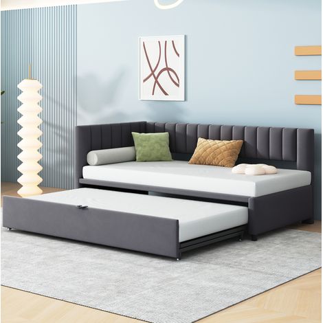 Sofá cama esquinero 90x200 cm gris en terciopelo con cama nido extraíble (1/5)