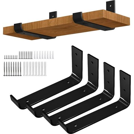 Heavy Duty Shelf Brackets 4pcs 6 Inch Black Wall Mounted Industrial Metal L Shape Corner Bracket with Screws and Anchors (1/5)