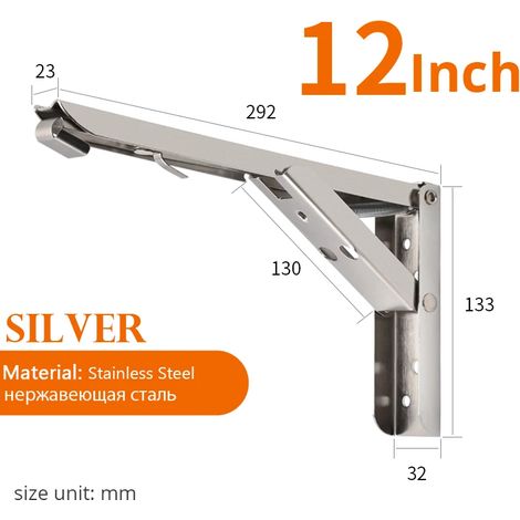(Argent 30 cm - Espagne) 2 supports d'étagère triangulaires pliables en acier inoxydable, réglables, à fixer au mur, sur un banc ou une table. (1/5)